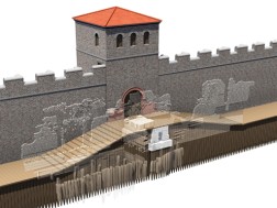 Zeichnung einer Stadtmauer mit Turm und davor eine Palisandenwand