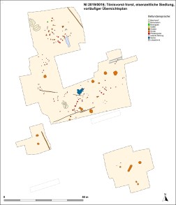Übersichtsplan der Ausgrabung Tönisvorst-Vorst mit eingezeichneten Befunden