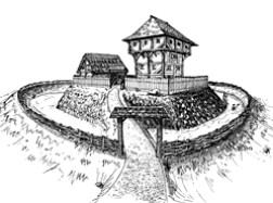 Zeichnung: Hölzerne Burg auf einem Hügel, umgeben von einem Wall