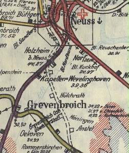 Ausschnitt aus einer Karte von 1907 mit der geplanten Bahnstrecke. Quelle: Karten- und Luftbildstelle der Deutschen Bahn, Mainz